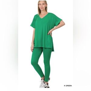 NWT! 2pc K Green Brushed Microfiber V-neck Side Slits Top and Leggings